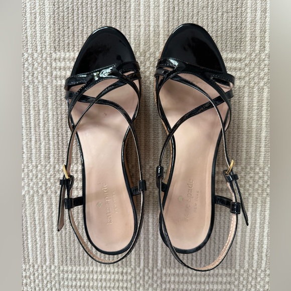 Kate Spade Black Patent Leather Strappy Cork Wedges Size 8M - Picture 4 of 6